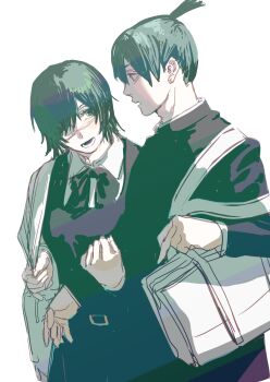 1boy 1girl 8shoshinsha26 absurdres bag black_dress black_jacket breasts chainsaw_man collared_shirt commentary_request cowboy_shot dress eyepatch gakuran hair_between_eyes hair_over_one_eye hayakawa_aki highres himeno_(chainsaw_man) holding_another's_hair jacket medical_eyepatch medium_breasts open_mouth parted_lips pinafore_dress ponytail school_uniform shirt shirt_under_shirt short_hair short_ponytail shoulder_bag sleeveless sleeveless_dress smile white_background white_bag white_shirt