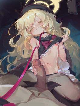1boy 1girl absurdres blonde_hair blue_archive choker clothes_lift dress dress_lift erection flat_chest girl_on_top green_eyes halo hetero highres leash lifting_own_clothes loli long_hair looking_at_viewer navel nipples no_panties open_mouth pantyhose penis penis_grab pov professor_niyaniya_(blue_archive) smile straddling uncensored variant_set villainchin