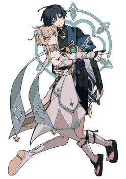 1boy 1girl absurdres ahoge aqua_gemstone arm_at_side arm_cutout armor bare_shoulders belt black_belt black_bodysuit black_bridal_gauntlets black_corset black_eyes black_footwear black_gloves black_hair black_leggings black_shorts blonde_hair blue_cape blue_flower blue_halo blue_trim bodysuit boots bridal_gauntlets bright_pupils cape carrying carrying_person closed_mouth clothing_cutout corset covered_collarbone detached_sleeves dress feathers fingernails flower full_body gem genshin_impact gloves gold gold_footwear gold_ring gold_trim hair_flower hair_ornament halo halo_behind_head hand_on_another&#039;s_back highres japanese_armor japanese_clothes kimono kote kurokote leg_warmers leggings looking_to_the_side lumine_(genshin_impact) magic_circle mandarin_collar middle_ring multicolored_flower open_clothes open_hand open_kimono partially_fingerless_gloves pointing pointing_to_the_side pom_pom_(clothes) purple_rope purple_sash rope sandals sash scaramouche_(genshin_impact) scarf short_hair short_hair_with_long_locks shorts sidelocks skirt stirrup_legwear thigh_boots toeless_footwear toeless_legwear toenails toes tsurime user_twpv3344 v-shaped_eyebrows vambraces vision_(genshin_impact) wanderer_(genshin_impact) white_background white_dress white_flower white_kimono white_leg_warmers white_pupils white_scarf white_skirt white_trim yellow_eyes yellow_feathers zouri