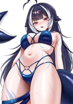 1girl :d ahoge bikini black_hair blue_bikini blunt_bangs blush body_markings breasts center-flap_bangs cetacean_tail cleavage commentary facial_mark fang fins fish_tail heart heart_ahoge heart_o-ring highleg highleg_bikini highres indie_virtual_youtuber large_breasts long_hair looking_at_viewer multi-strapped_bikini_bottom multi-strapped_bikini_top multicolored_hair navel o-ring o-ring_bikini open_mouth orca_girl purple_eyes shylily simple_background sinonamon skin_fang smile solo stomach streaked_hair swimsuit tail thigh_strap two-tone_hair very_long_hair virtual_youtuber wet white_background white_hair
