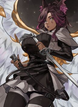 1girl absurdres animal_ear_fluff belt black_background black_belt black_nails black_pantyhose black_skirt black_sweater blue_eyes borrowed_character breasts brown_hair commentary commission cowboy_shot dark-skinned_female dark_skin english_commentary feathered_wings gradient_hair grey_cloak grey_skirt heterochromia highres holding holding_sheath holding_sword holding_weapon kobi420 large_breasts light_particles lips long_sleeves looking_at_viewer marking_on_cheek medium_hair multicolored_hair multiple_wings original pantyhose parted_lips purple_hair purple_lips sheath skirt solo sweater sword two-tone_hair weapon white_wings wings yellow_eyes