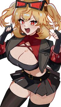 1girl belt black-framed_eyewear black_belt black_gloves black_jacket black_skirt black_thighhighs blush breasts burnice_white commentary commentary_request cowboy_shot eyewear_on_head fang fingerless_gloves gloves hands_up highres ierdid jacket large_breasts leaning_forward looking_at_viewer midriff navel open_mouth pleated_skirt red-tinted_eyewear red_eyes simple_background skirt solo spiked_belt sunglasses thighhighs tinted_eyewear twintails white_background zenless_zone_zero