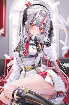 1girl beret black_ribbon boots center-flap_bangs collared_dress commentary dress falling_feathers feathers gloves gold_trim grey_hair hair_between_horns hair_ribbon hat highres hololive horns indoors jacket knee_boots long_hair long_sleeves looking_at_viewer multicolored_hair nakiri_ayame nakiri_ayame_(9th_costume) necktie official_alternate_costume official_alternate_hairstyle ohagetty oni pout red_eyes red_hair red_necktie ribbon short_necktie sidelocks sitting skin-covered_horns solo streaked_hair symbol-only_commentary teeth twintails virtual_youtuber white_dress white_gloves white_hat white_jacket