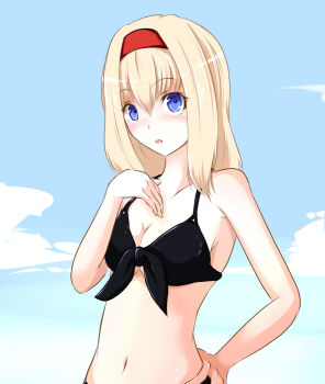 Rule 34 | 1girl, alice margatroid, alternate costume, bikini, bikini day, black bikini, blonde hair, blue eyes, blue sky, blush, cloud, commentary request, cookie (touhou), day, expressionless, hairband, hand on own hip, hinase (cookie), looking at viewer, medium hair, navel, open mouth, outdoors, red hairband, sakuna brownie, sky, solo, swimsuit, touhou, upper body