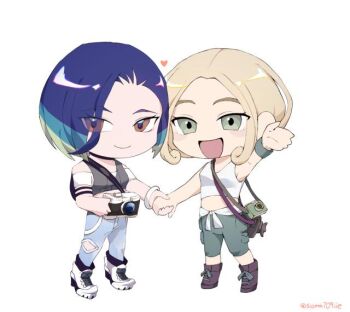 2girls blonde_hair blue_hair brown_eyes camera chibi chibi_only eyes_visible_through_hair full_body green_eyes holding holding_camera holding_hands looking_at_viewer multiple_girls nintendo open_mouth perrin_(pokemon) pokemon pokemon_sv pokemon_xy short_hair simple_background sioma709iie source_request standing trait_connection viola_(pokemon) white_background yuri