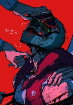 Rule 34 | 1boy, 3others, aqua eyes, biker (hotline miami), black choker, blood, blood on body, blood on face, choker, commentary, english commentary, from side, hand on another's head, head back, helmet, highres, hood, hood down, hooded jacket, hotline miami, injury, jacket, long sleeves, male focus, motorcycle helmet, multiple others, open clothes, open jacket, shirt, short sleeves, solo focus, tatsu (tatsumccree), torn clothes, torn sleeves, upper body, white shirt