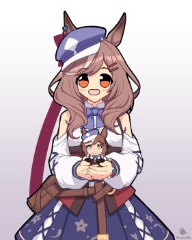 animal_ears belt_bag blue_hat center_frills clothing_cutout corset ear_ornament ears_through_headwear faceswap frills hair_ornament hairclip hat highres holding holding_stuffed_toy horse_ears horse_girl horse_tail matikanetannhauser_(panpaka_tiltott)_(umamusume) matikanetannhauser_(umamusume) mouhantain newsboy_cap red_corset shoulder_cutout stuffed_toy tail tilted_headwear umamusume