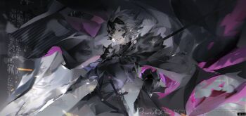 Rule 34 | 1girl, armor, fate/grand order, fate (series), flag, fur trim, gauntlets, grin, highres, holding, holding flag, jeanne d'arc alter (fate), llmia4, smile, solo, standing, sword, teeth, upper body, weapon, white hair, yellow eyes