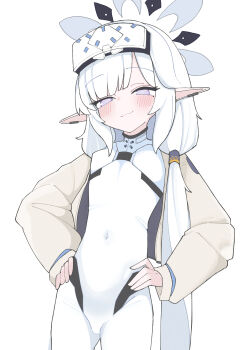 Rule 34 | 1girl, absurdres, blue archive, blunt bangs, blush, bodysuit, commentary request, covered navel, earrings, flat chest, goggles, goggles on head, groin, halo, hand on own hip, head-mounted display, highres, himari (blue archive), himari (bodysuit) (blue archive), jewelry, long hair, looking at viewer, low side ponytail, navel, pointy ears, puffy sleeves, purple eyes, sidelocks, simple background, smile, smug, solo, spacecrab, very long hair, white background, white hair, white halo