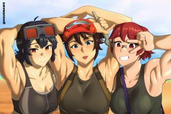 3girls black_hair blue_eyes breasts brown_hair cleavage grace_howard looking_at_viewer maudrawz multiple_girls red_eyes red_hair smile tank_top v wrench zenless_zone_zero
