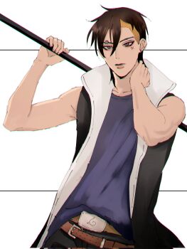 1boy belt belt_buckle black_hair blonde_hair boruto:_two_blue_vortex buckle chromatic_aberration coat commentary earrings eyebrow_piercing face_piercing facial_mark grey_eyes hand_on_own_neck highres holding holding_staff ifevilwhyuhot jewelry kawaki_(boruto) konohagakure_symbol male_focus multicolored_hair naruto_(series) piercing sleeveless sleeveless_coat solo staff stud_earrings two-tone_hair undercut upper_body