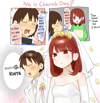 Rule 34 | 1boy, 1girl, absurdres, alternate language, blue sweater, blush, bridal veil, bride, brown shorts, chara (undertale), chinese wedding, collared sweater, commentary request, dress, english text, engrish text, formal clothes, frisk (undertale), genderswap, genderswap (otf), genderswap (otm), genocide route (undertale), green sweater, groom, heart soma, highres, husband and wife, other focus, ranguage, shorts, strapless, strapless dress, striped clothes, striped sweater, suit, sweater, tuxedo, two-tone sweater, undertale, utdr (toby fox), variant set, veil, wedding, wedding dress, white suit