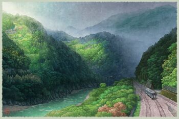 border cloud cloudy_sky commentary_request day fog japan_railways landscape mugumo_24k multiple_unit_train no_humans original outdoors railroad_tracks river scenery shikoku_railway_company signature sky train tree yellow_border