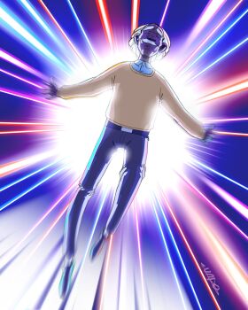 1boy belt best_shortcut black_pants blue_shirt chase_(dispatch) closed_eyes collared_shirt commentary dark-skinned_male dark_skin dispatch english_commentary facial_hair highres meme mustache pants shirt shoes short_hair signature socks solo spoilers super_speed sweater wally_west_solos_fiction_(meme) white_hair yellow_sweater