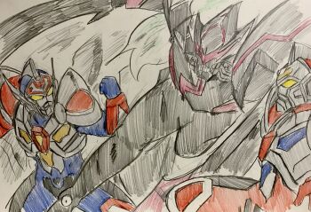 Rule 34 | 10s, 3boys, absurdres, acceptor, alexis (ssss.gridman), alexis kerib, armor, bad id, bad pixiv id, battle, clenched hands, commentary, crossover, denkou choujin gridman, denkou choujin gridman: boys invent great hero, gridman (character), gridman (denkou choujin), gridman sigma, gridman universe, highres, holding, holding sword, holding weapon, igomaru, male focus, multiple boys, no humans, no pupils, red eyes, shoulder armor, ssss.gridman, sword, tokusatsu, translation request, visor, weapon, yellow eyes