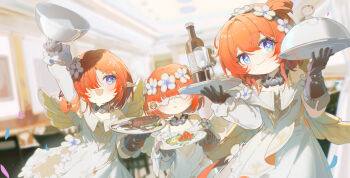 3girls absurdres angel_wings black_gloves blue_eyes blush bottle chinese_commentary commentary_request coria cross-shaped_pupils cup dress drinking_glass eyepatch flower food gloves hair_flower hair_ornament highres holding holding_tray honkai:_star_rail honkai_(series) indoors looking_at_viewer multiple_girls orange_hair pointy_ears serving_dome symbol-shaped_pupils tray trianne_(honkai:_star_rail) tribbie_(honkai:_star_rail) trinnon_(honkai:_star_rail) triplets white_dress wine_bottle wine_glass wings