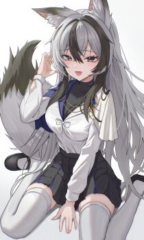 1girl :d absurdres animal_ears between_legs black_eyes black_shirt black_shoes black_skirt black_streaks bow bowtie breasts chain commentary commission crossed_bangs gold_chain grey_hair grey_tail hand_between_legs hand_up highres large_breasts layered_shirt long_hair long_sleeves looking_at_viewer mary_janes miniskirt multicolored_hair open_mouth original pleated_skirt see-through_cleavage see-through_clothes shirt shirt_tucked_in shoes simple_background sitting skirt smile solo streaked_hair tail thighhighs two-tone_tail undershirt very_long_hair wariza white_background white_bow white_bowtie white_shirt white_thighhighs wolf_ears wolf_girl zettai_ryouiki zzirit6