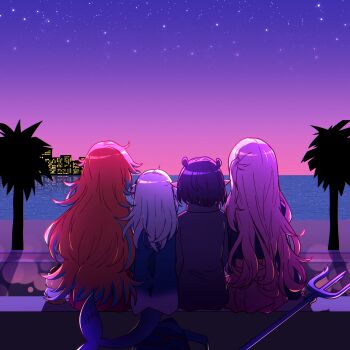 5girls absurdres blonde_hair blue_hair chibi ddolbang facing_away fins fish_tail from_behind gawr_gura gawr_gura_(1st_costume) highres hololive hololive_english holomyth long_hair medium_hair mori_calliope mori_calliope_(kawaiiope) multicolored_hair multiple_girls ninomae_ina&#039;nis ninomae_ina&#039;nis_(loungewear) official_alternate_costume orange_hair pink_hair pointy_ears polearm purple_hair shark_girl shark_tail short_hair smol_ame star_(sky) streaked_hair sunset tail takanashi_kiara takanashi_kiara_(fever_night) trident virtual_youtuber watson_amelia weapon white_hair