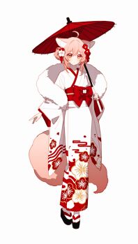 1girl absurdres ahoge animal_ears chinese_commentary closed_mouth commentary_request floral_print flower fox_ears fox_girl fox_tail full_body hair_between_eyes hair_bun hair_flower hair_ornament highres holding holding_umbrella japanese_clothes kimono long_sleeves looking_at_viewer obi oil-paper_umbrella original pink_eyes pink_hair pressplus red_eyes red_umbrella sash simple_background smile solo standing tabi tail umbrella white_background white_kimono wide_sleeves