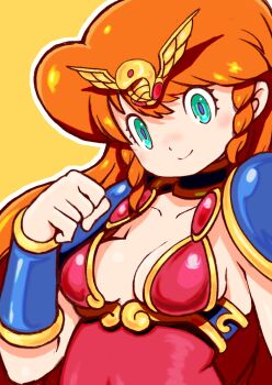 1girl aqua_eyes armor beeru_(veil8801) blue_armor blue_pupils bracer breasts cleavage closed_mouth collarbone eyelashes hand_up highres long_hair lucia_(madura_no_tsubasa) madura_no_tsubasa medium_breasts orange_hair outline shoulder_armor simple_background smile solo white_outline yellow_background