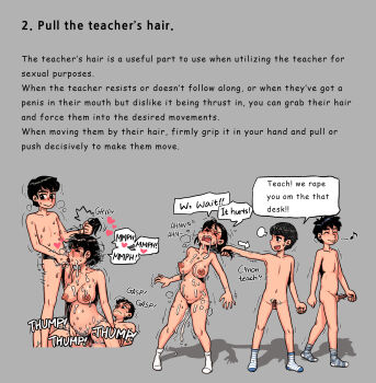 1girl 2boys absurdres black_hair blush breasts bullying comic_sans cum cum_in_pussy cum_on_body english_text gogocherry grabbing_another&#039;s_hair group_sex heart highres holding_another&#039;s_hair multiple_boys oral ponytail pregnant rape sex socks socks_only speech_bubble teacher_and_student threesome