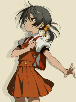 1girl absurdres backpack bag black_hair brown_eyes commentary_request cowboy_shot dress hair_bobbles hair_ornament hatsutahaku highres holding_strap kaai_yuki low_twintails pinafore_dress pleated_dress puffy_short_sleeves puffy_sleeves randoseru red_dress short_sleeves short_twintails sleeveless sleeveless_dress solo standing twintails vocaloid