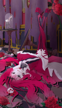 1girl absurdres baobhan_sith_(fate) baobhan_sith_(first_ascension)_(fate) boots breasts checkered_floor detached_sleeves dress fate/grand_order fate_(series) finger_to_mouth flower frilled_dress frills full_body grey_eyes hair_ornament high_heel_boots high_heels highres legs_up long_hair looking_at_viewer lying nagiuo on_back pink_hair platform_boots platform_footwear platform_heels red_dress red_flower red_fox red_nails sidelocks smile solo thigh_boots