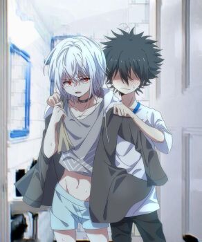 Rule 34 | 2boys, accelerator (toaru majutsu no index), albino, androgynous, artist request, black hair, black jacket, blush, boxers, choker, grey shirt, hood, hoodie, jacket, kamijou touma, male underwear, multiple boys, navel, no eyes, red eyes, shirt, short hair, spiked hair, sweat, toaru majutsu no index, underwear, white hair, white shirt, yaoi