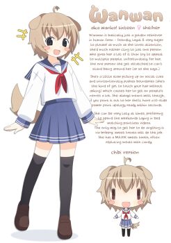 1girl animal_ears blush_stickers character_name chibi commentary dog_ears dog_girl dog_tail english_text grey_eyes highres loafers long_sleeves looking_at_viewer multiple_views onlinepetclub open_mouth original over-kneehighs pleated_skirt reference_sheet school_uniform serafuku shoes short_hair skirt smile tail thighhighs wanwan_(onlinepetclub)