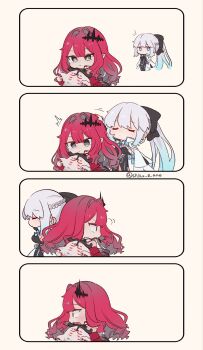 2girls artist_name baobhan_sith_(fate) baobhan_sith_(first_ascension)_(fate) black_bow blue_eyes bow braid cernunnos_(fate) closed_eyes fate/grand_order fate_(series) grey_eyes hair_between_eyes hair_bow half_up_braid headpat highres long_hair morgan_le_fay_(fate) morgan_le_fay_(first_ascension)_(fate) mother_and_daughter multiple_girls open_mouth pointy_ears red_hair shigure_(ffrh7824) stuffed_toy very_long_hair white_hair