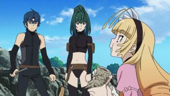 10s 1boy 2girls akari_acura alternate_legwear animated animated_gif anime_screenshot blonde_hair blue_hair eating frederika_(hitsugi_no_chaika) green_hair hitsugi_no_chaika long_hair lowres multiple_girls shell thighhighs tooru_acura