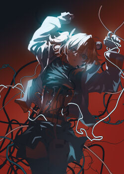 1girl a.i._voice absurdres adachi_rei arms_up backlighting black_skirt commentary cowboy_shot gradient_background haun highres jacket long_sleeves looking_at_viewer orange_eyes orange_hair pantyhose red_background short_hair skirt solo symbol-only_commentary white_jacket wire