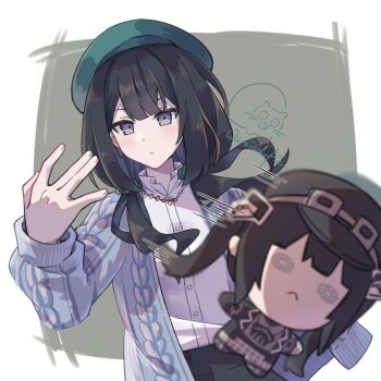 Rule 34 | 1girl, beret, black hair, blunt bangs, book off, border, cardigan, character doll, cifu dai mao, closed mouth, doll, green background, green hat, grey eyes, hashtag-only commentary, hat, incoming object, jewelry, kurobe nanoka, long hair, long sleeves, looking at viewer, low twintails, mahou shoujo no majo saiban, necklace, official alternate costume, official alternate hairstyle, shirt, solo, throwing, twintails, white border, white shirt