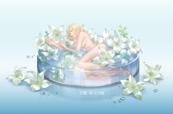 1girl akakokko_(niro_azarashi) birdmen_(manga) blonde_hair blue_eyes breasts completely_nude flower in_water jasmine_(birdmen) jasmine_(flower) medium_breasts medium_hair nude open_mouth tiny water_drop