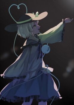 1girl black_hat blouse bow buttons diamond_button eyeball frilled_shirt_collar frilled_sleeves frills green_eyes green_hair green_skirt hand_up hat hat_bow hat_ribbon heart heart_of_string highres komeiji_koishi open_mouth ribbon shirt simple_background skirt solo third_eye touhou tumetaisnow yellow_bow yellow_ribbon yellow_shirt