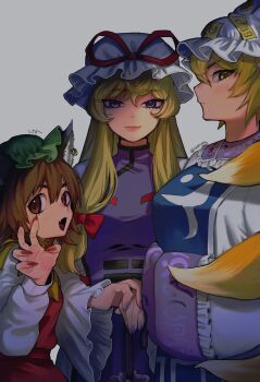 168namu3 3girls animal_ears animal_hat blonde_hair blue_tabard brown_eyes brown_hair cat_ears chen claw_pose dress earrings fang fingernails fox_tail from_side green_hat hands_in_opposite_sleeves hat high_collar highres jewelry long_hair long_sleeves mob_cap multiple_girls multiple_tails nekomata open_mouth planted planted_umbrella purple_dress purple_eyes purple_nails purple_tabard red_nails red_vest sharp_fingernails signature single_earring skin_fang straight-on tabard tail touhou twitter_username umbrella upper_body vest white_background yakumo_ran yakumo_yukari yellow_eyes