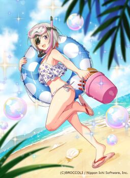 1girl beach bikini blue_sky bubble bucket cloud cloudy_sky copyright_notice diving_mask diving_mask_on_head eyepatch goggles goggles_on_head grey_hair holding holding_bucket holding_swim_ring innertube lisa_brunhild multicolored_bikini multicolored_hair official_art open_mouth orange_hair outdoors purple_bikini purple_eyes sandals shell short_hair sky solo sparkle standing standing_on_one_leg swim_ring swimsuit takase_kou teeth upper_teeth_only white_bikini z/x