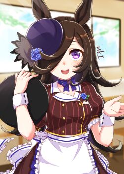 Rule 34 | 1girl, animal ears, apron, blue flower, blue rose, blush, breasts, brown hair, brown shirt, brown skirt, coco's, collarbone, commentary request, flipped hair, flower, hair over one eye, hat, hat flower, highres, holding, holding tray, horse ears, horse girl, long hair, looking at viewer, neru ika, open mouth, puffy short sleeves, puffy sleeves, purple eyes, rice shower (umamusume), rose, shirt, short sleeves, skirt, small breasts, smile, solo, tilted headwear, tray, umamusume, waist apron, waitress, white apron, white wrist cuffs, wrist cuffs