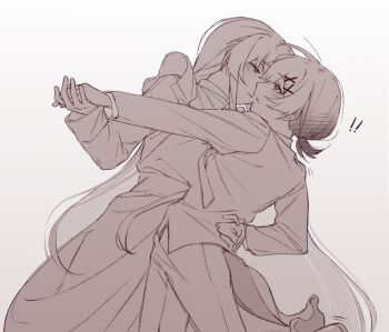 2girls apron dancing dress hand_on_another&#039;s_waist heihuamu1 holding_hands long_hair mahou_shoujo_no_majo_saiban maid maid_apron multiple_girls necktie nikaido_hiro pants ponytail sakuraba_ema short_hair short_ponytail yuri