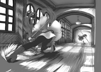 2girls absurdres boots fighting_stance full_body grass_wonder_(stone-piercing_blue)_(umamusume) grass_wonder_(umamusume) hallway high_heel_boots high_heels highres holding holding_polearm holding_sheath holding_sword holding_weapon horse_tail indoors katana komoro_paint777 long_hair monochrome multicolored_hair multiple_girls naginata pantyhose pleated_skirt polearm running scabbard school_uniform sheath short_hair skirt sliding special_week_(umamusume) sword tail tracen_school_uniform two-tone_hair umamusume weapon