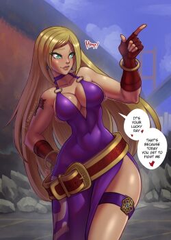 Rule 34 | 1girl, aqua eyes, arm tattoo, b. jenet, blonde hair, breasts, cleavage, closed mouth, covered navel, curvy, fatal fury, fingerless gloves, gloves, hand on own hip, heart, highres, index finger raised, large breasts, legs, long hair, pointing, sideboob, smile, snk, solo, spoken heart, tattoo, the king of fighters, thighs, toned, wide hips