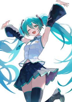 1girl absurdres aqua_boots aqua_eyes aqua_necktie aqua_skirt aqua_sleeves armpits arms_up bare_shoulders black_boots black_skirt black_sleeves blush boots breasts collared_shirt commentary detached_sleeves foot_out_of_frame hair_between_eyes hatsune_miku highres long_hair looking_at_viewer multicolored_boots multicolored_skirt multicolored_sleeves nbee_ya necktie one_eye_closed open_mouth shirt simple_background skindentation skirt sleeveless sleeveless_shirt small_breasts solo teeth thigh_boots thighhighs thighs twintails two-tone_boots two-tone_skirt two-tone_sleeves upper_teeth_only very_long_hair vocaloid white_background white_shirt zettai_ryouiki