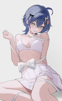 10_plus 1girl ahoge belle_(zenless_zone_zero) blue_hair bra breasts commentary green_eyes hair_ornament highres letter_hair_ornament looking_at_viewer medium_breasts short_hair simple_background skirt solo stomach symbol-only_commentary underwear white_background white_bra white_skirt zenless_zone_zero