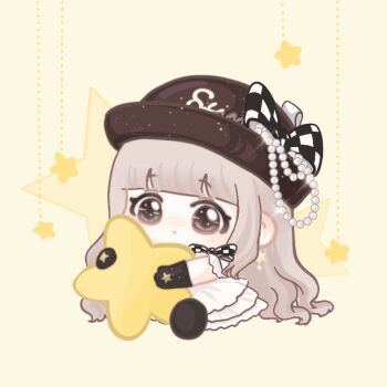 1girl animated animated_gif black_bow black_gloves black_hat black_shoes blinking blunt_bangs bow bowler_hat bowtie brown_eyes brown_hair checkered_bow checkered_clothes chibi chinese_commentary clothes_writing commentary_request double-parted_bangs dress expressionless eyelashes frilled_dress frilled_sleeves frills glitter gloves hair_spread_out hat hat_bow holding holding_star jewelry light_blush long_hair looking_at_viewer looping_animation medium_dress necklace nikki_(series) oversized_object parted_lips pearl_necklace print_gloves shining_nikki shoes short_sleeves sidelocks sitting solo star_(symbol) star_print star_symbol_background strings_of_the_stars_(shining_nikki) tareme two-tone_bow unworn_jewelry unworn_necklace very_long_hair wavy_hair white_bow white_dress xiaoyu_qixing yellow_background