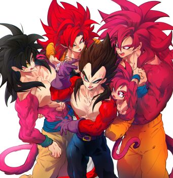 Rule 34 | black hair, blue eyes, blue sash, dougi, dragon ball, dragon ball daima, dragon ball gt, gloves, gogeta, highres, long hair, male focus, metamoran vest, monkey boy, monkey tail, multiple boys, muscular, muscular male, ommmyoh, open mouth, pants, red fur, saiyan, sash, smile, son goku, spiked hair, super saiyan, super saiyan 4, tail, twitter username, vegeta, wristband, yellow pants