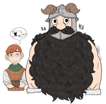 2boys beard chilchuck_tims cropped_torso crossed_arms dungeon_meshi dwarf facial_hair fake_horns fluffy helmet horned_helmet horns kimchunbae long_beard male_focus multiple_boys mustache senshi_(dungeon_meshi) speech_bubble thick_mustache thought_bubble unamused very_long_beard