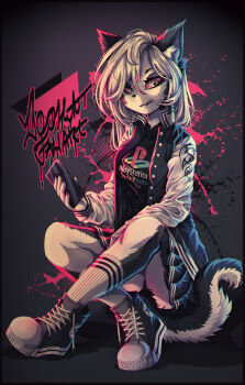 1girl 2021 absurdres ass black_border black_panties border cellphone colored_sclera converse crossed_legs dark_background demon eyelashes female_focus furry furry_female game_console grey_fur hellaverse hellhound helluva_boss highres holding holding_cellphone holding_phone jacket japanese_text lace long_hair looking_at_viewer loona_(helluva_boss) multicolored_fur open_clothes open_jacket open_mouth panties phone playstation_logo red_sclera shirt shoes simple_background sitting skirt smartphone socks solo sony streetwear t-shirt tweenstrip two-tone_fur underwear watermark white_eyes white_fur white_hair wolf