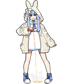 1girl absurdres animal_ears animal_hood blue_hair blue_shoes can cardigan choker collared_dress commentary dress drink_can highres hololive hood hooded_cardigan hooded_jacket hooded_sweater jacket legs_apart long_hair long_sleeves looking_at_viewer official_alternate_costume open_sweater pee peeing peeing_on_floor peeing_self pouring pouring_onto_self puddle rabbit_ears rabbit_hood red_eyes shoes sleeves_past_wrists smile smug socks solo steam sweater usada_pekora usada_pekora_(casual) virtual_youtuber white_background white_choker white_dress white_socks