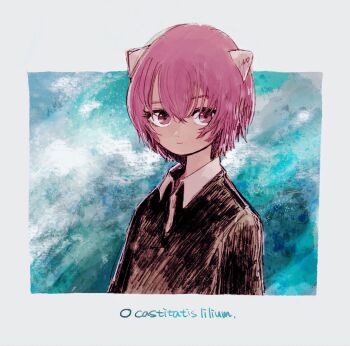 1girl black_dress border closed_mouth commentary contrast_collar dress elfen_lied eyelashes highres horns latin_text looking_at_viewer nana_(elfen_lied) pink_eyes pink_hair puyui short_hair smile translation_request upper_body white_border