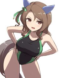 Rule 34 | 1girl, animal ears, bare shoulders, black one-piece swimsuit, breasts, brown eyes, brown hair, competition swimsuit, covered navel, cowboy shot, ear covers, hands on own hips, horse ears, horse girl, horse tail, king halo (umamusume), large breasts, long hair, looking at viewer, one-piece swimsuit, open mouth, parted bangs, pataneet, simple background, solo, swimsuit, tail, thighs, umamusume, wavy hair, white background